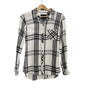 Rails Womens XS Blouse Top Button Front Shirt White Black Plaid Rayon Boho Chic